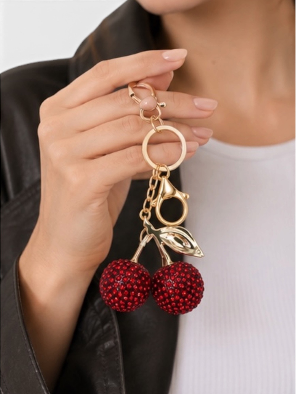 XOXO Cherry Bag Charm Keychain Red Crystal Gold Tone Rhinestone NWT